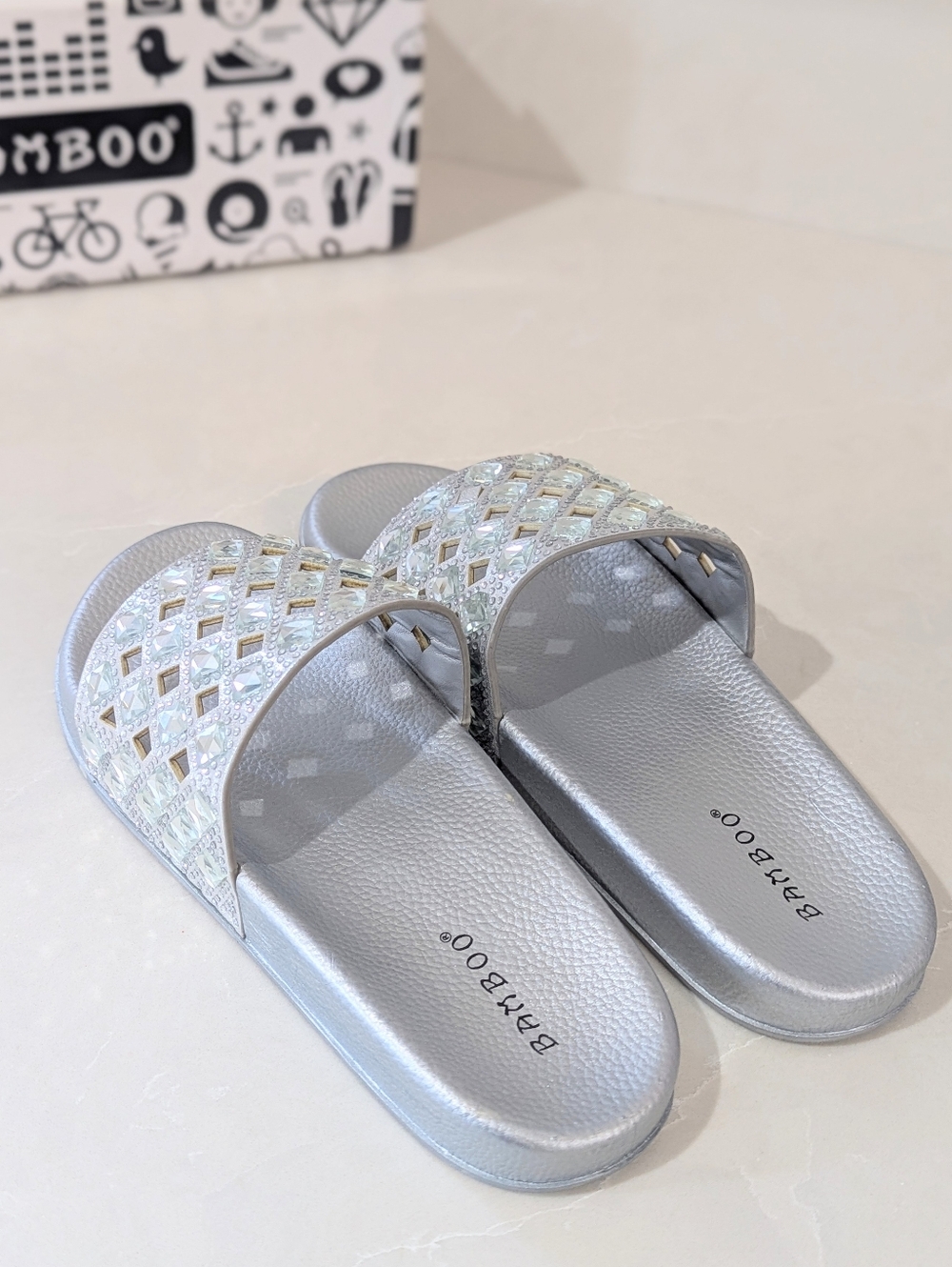 BAMBOO Silver Jeweled Slide Sandals - Picture 2 of 6